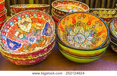 The Fine Patterns On Colored Porcelain Pialas, Using For Tea Drinking, Antalya, Turkey.