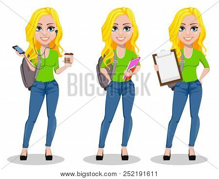 Happy Student With Backpack, Set Of Three Poses. Beautiful Female Cartoon Character Holding Smartpho