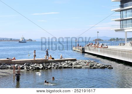 Oslo, Norway - July 24, 2018: Swimming Beach In City Center, Tjuvholmen Neighborhood. Tjuvholmen Cit