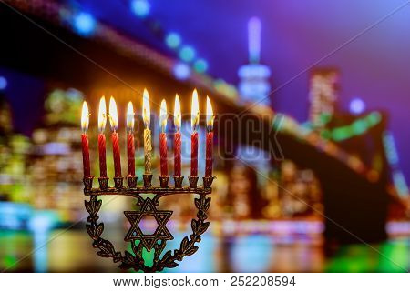 Jewish Symbol Jewish Holiday Hanukkah With Menorah Traditional Candelabra Jewish Holiday, Holiday Sy