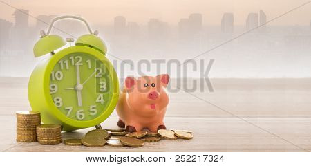Money, Alarm Clock With City Business Background. Concept Of Retirement Funds,finance, Time Is Money