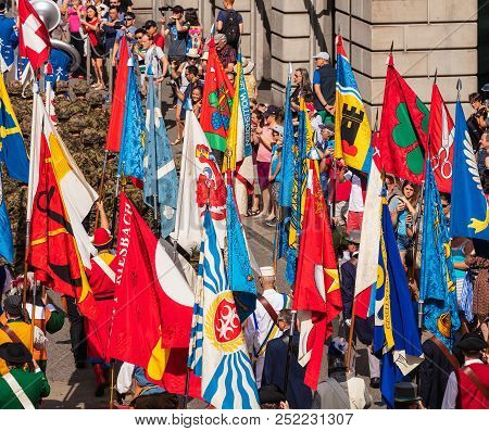 Zurich, Switzerland - August 1, 2018: Participants Of The Parade Devoted To The Swiss National Day P