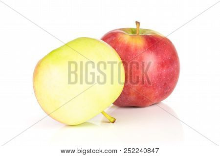 Group Of Two Whole Fresh Red Apple James Grieve Variety Isolated On White Background