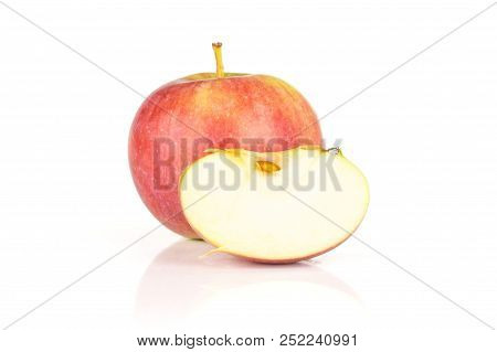 Group Of One Whole One Slice Of Fresh Red Apple James Grieve Variety Isolated On White Background