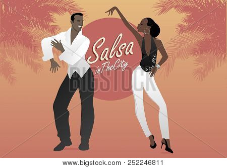 Young Afro American Couple Dancing Salsa. Vector Illustration.