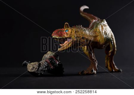 Carnotaurus With A Dinosaur Body Nearby On Dark Background