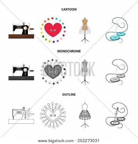 Needle And Thread, Sewing Machine, Pincushion, Dummy For Clothing. Sewing And Equipment Set Collecti