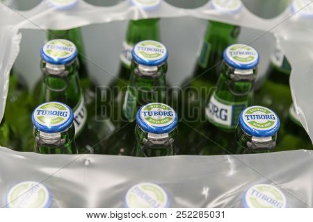 Kiev, Ukraine. July 22 2018 Beer Tuborg In A Polyethylene Box