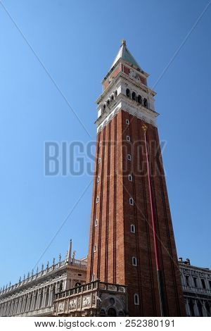VENICE, ITALY - MAY 28 : Campanile, Bell Tower of St. Mark's Basilica, Venice, Italy, UNESCO World Heritage Site on May 28, 2017.
