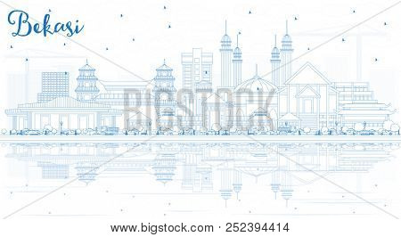 Outline Bekasi Indonesia City Skyline with Blue Buildings and Reflections. Business Travel and Tourism Concept with Historic Architecture. Bekasi Cityscape with Landmarks.