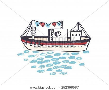 Drawing Of Ship, Ferry Or Ferryboat With Mast Floating On Ocean Waves. Marine Vessel Or Yacht In Sea