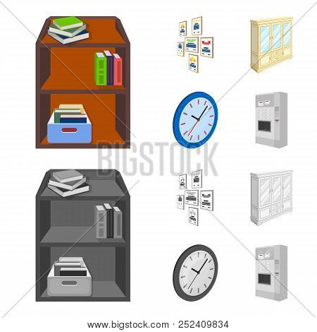 Cabinet, Shelving With Books And Documents, Frames On The Wall, Round Clocks. Office Interior Set Co