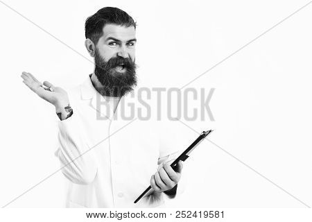 Postgraduate Student Holding Clipboard And Pills In Gown Isolated On White Studio Background. Medici