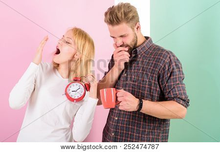 Lack Of Sleep. Couple Sleep Not Enough Time. Family Drink Morning Coffee Yawning Faces. Hate Morning