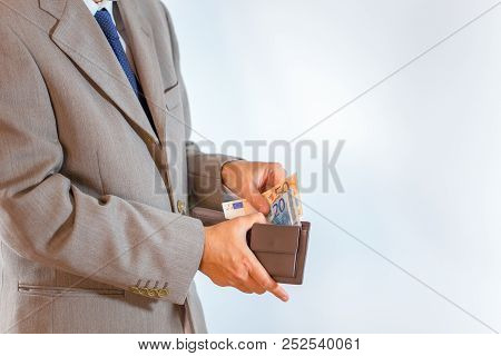 Leather Wallet With Money In Buisness Man Hands On White Background
