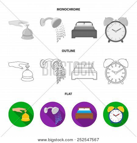 Call At The Reception, Alarm Clock, Bed, Shower.hotel Set Collection Icons In Flat, Outline, Monochr