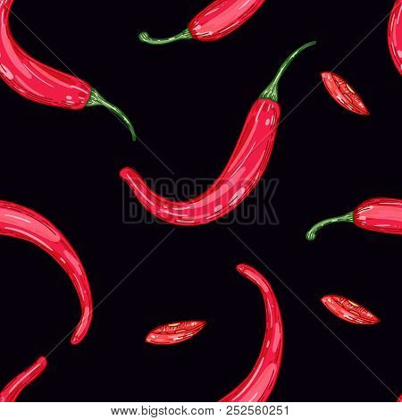 Red Hot Pepper On Black Background. Vector Color Seamless Pattern Illustration. Healthy Organic Food