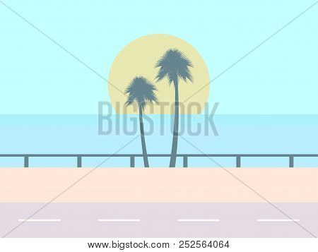 Road On The Background Of The Beach, The Sun With Palm Trees, Tropical Landscape. Highway Along The 