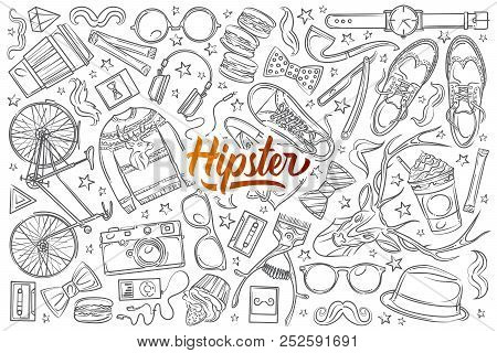 Hand Drawn Hipster Elements And Clothes Doodle Vector Set.