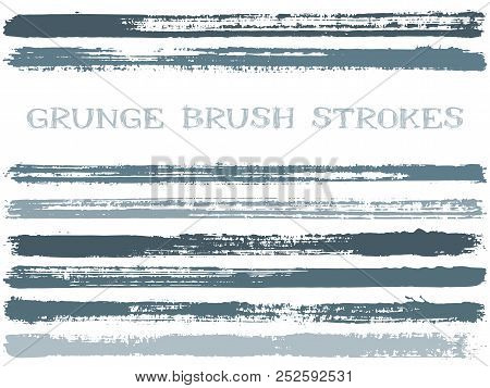Grey Ink Brush Strokes Isolated Design Elements. Set Of Paint Lines. Cool Stripes, Textured Paintbru