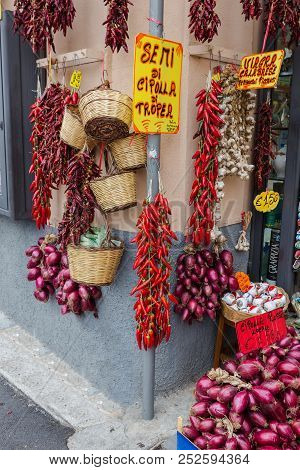 Tropea Italy June 2018 Tropea Red Chillies And Onions In A Shop On The Street