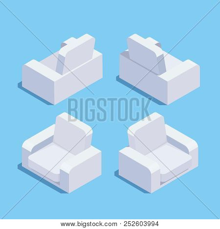 Isometric Easychair Isolated On Blue Background. 3d Armchair, Front View And Rear View. Element Of O