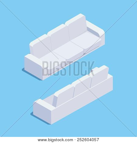 Isometric Sofa Isolated On Blue Background. 3d Sofa, Front View And Rear View. Element Of Office And