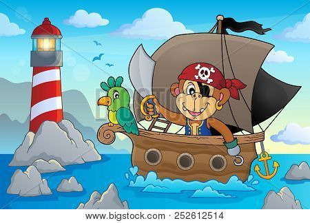 Boat With Pirate Monkey Theme 2 - Eps10 Vector Picture Illustration.