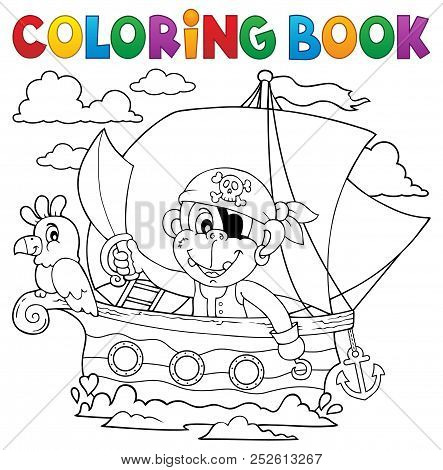 Coloring Book Boat With Pirate Monkey - Eps10 Vector Picture Illustration.