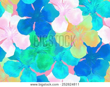 Hawaiian Watercolor Pattern. Indigo Blue Floral Tropical Seamless Print. Hibiscus And Oleander In Ha