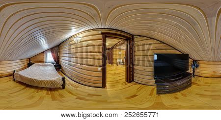 Mogilev, Belarus - December, 2017: Panorama 360 Degrees Angle View In Wooden Bedroom With Tv In Vaca