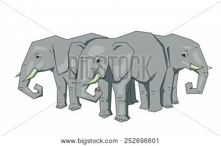 Tree Elephants, Mythical Flat Earth Concept. Flat Line Vector Illustration. Colored Cartoon Style, I