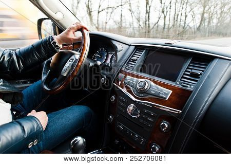 Hai, Ukraine - July 24, 2018: Interior Of Dark Blue Infinti Qx 80.