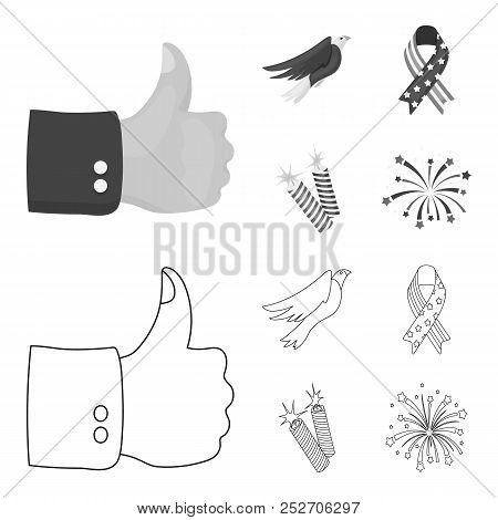 American Eagle, Ribbon, Salute. The Patriot Day Set Collection Icons In Outline, Monochrome Style Ve