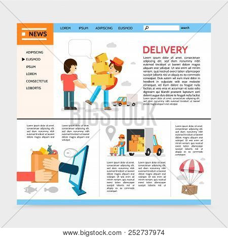 Flat Delivery Service Vector Photo Free Trial Stock Flat Delivery Service Website Template With Courier Deliver Goods To Client Package Flying On Parach