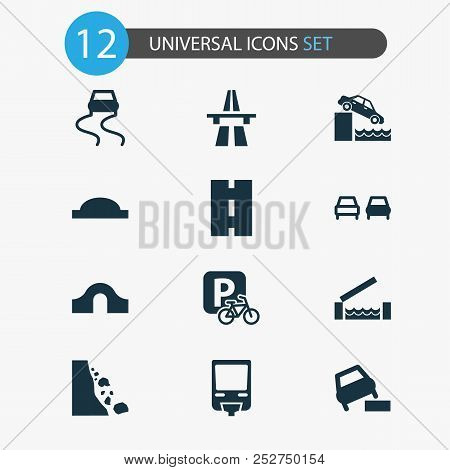 Transport Icons Set With Start Of Motorway, Road, Bumpy And Other Way Elements. Isolated Vector Illu