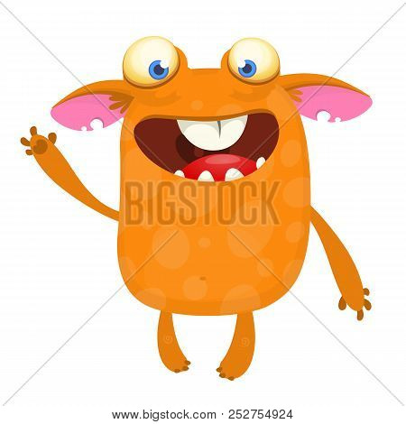 Cartoon Orange Monster Character. Vector Illustration Of Troll, Gremlin Or Goblin Waving Hand