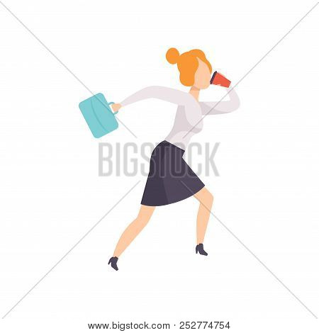 Young Woman Talking By Phone While Running To Work, Businesswoman Character Is Late For Work Vector 