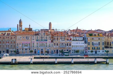 Venice, Italy - July 9, 2017: Giudecca Canal, Ancient Palaces On The Ponte Longo Canal Bank