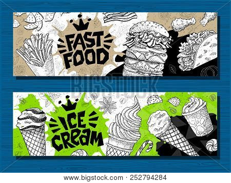 Fast Food Colorful Modern Banners Set Labels. Fast Food. Ice Cream. Donuts. Hot Dog, Hamburger, Coff
