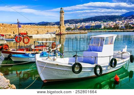 Pictorial colorful Greece series - Rethymnon with old lighthouse in Crete island