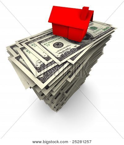 Hus sidder på stakken af hundrede Dollar regninger