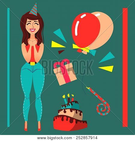 Beauty Cartoon Girl In Flat Style. Birthday Theme