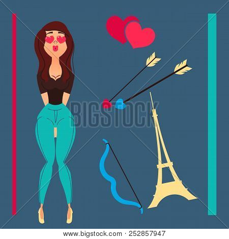 Cartoon Character In Love. Kissing Girl With Hearts In Eyes