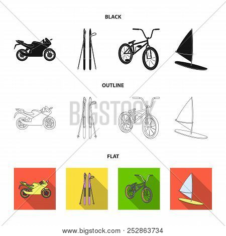 Motorcycle, Mountain Skiing, Biking, Surfing With A Sail.extreme Sport Set Collection Icons In Carto