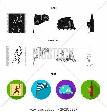 Greece, Running, Wine, Flag .greece Set Collection Icons In Black, Flat, Outline Style Vector Symbol