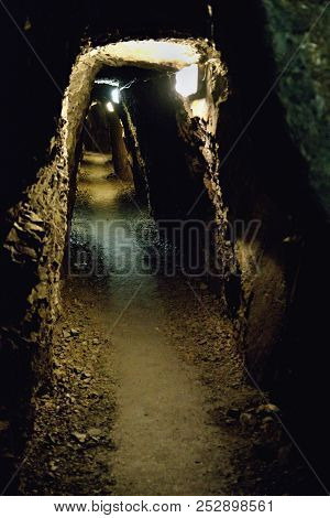 Dark Narrow Underground Corridor In Mines Unsuitable For Claustrophobic
