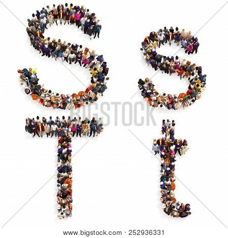 Collection Of A Large Group Of People Forming The Letter S And T In Both Upper And Lower Case Isolat
