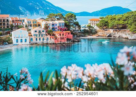 Bright White Flower Blossom In Front Of Turquoise Colored Bay In Mediterranean Sea And Beautiful Col