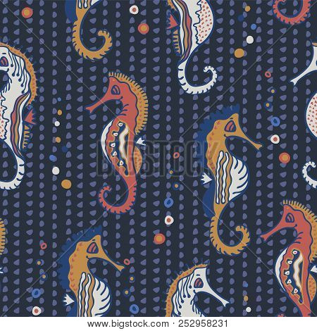 Navy Blue Seahorses Seamless Detailed For Kids